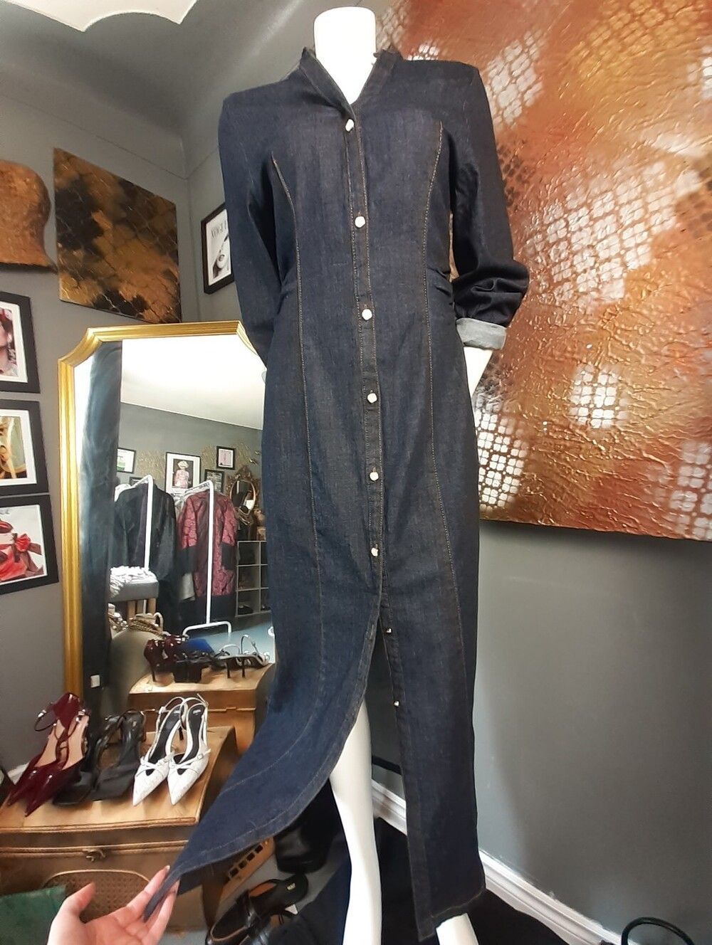Zara Nwot Dark Blue Stretch Denim Longline Button-Front Maxi Dress